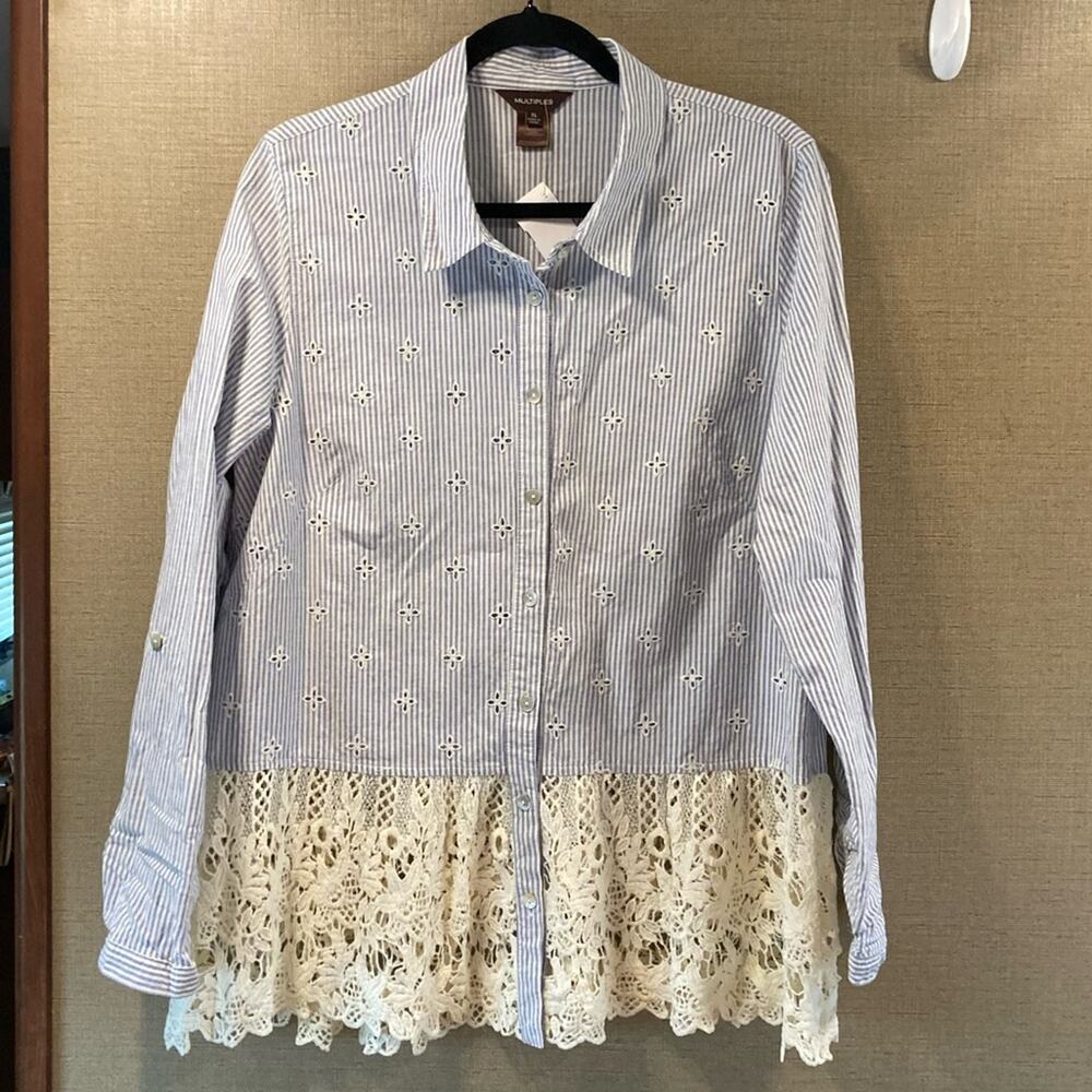 Multiples Top Button Down Lace Trim Women's XL